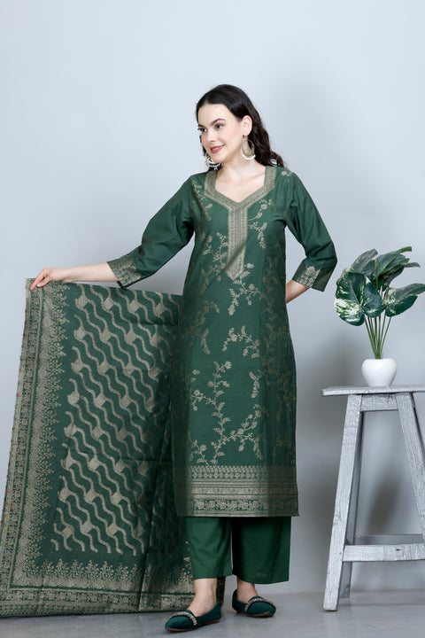 Kidar Ethnic Weave & Embordered Straight Kurta with Pant & Dupatta - B. GREEN