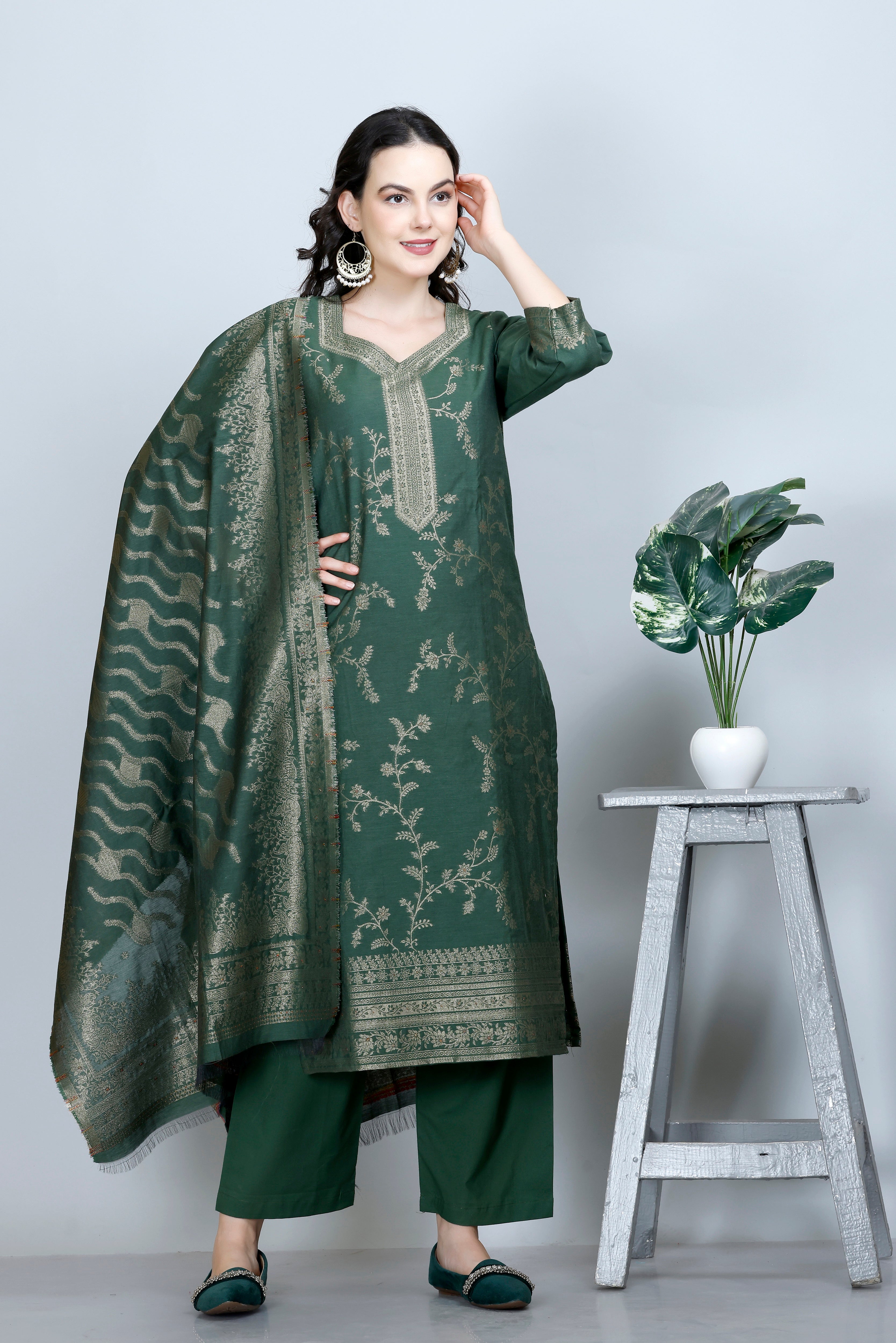 Kidar Ethnic Printed & Embrodered Straight Kurta with Pant & Dupatta - B. GREEN