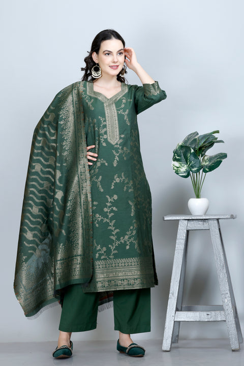 Kidar Ethnic Weave & Embordered Straight Kurta with Pant & Dupatta - B. GREEN