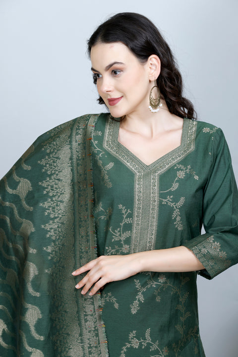 Kidar Ethnic Weave & Embordered Straight Kurta with Pant & Dupatta - B. GREEN