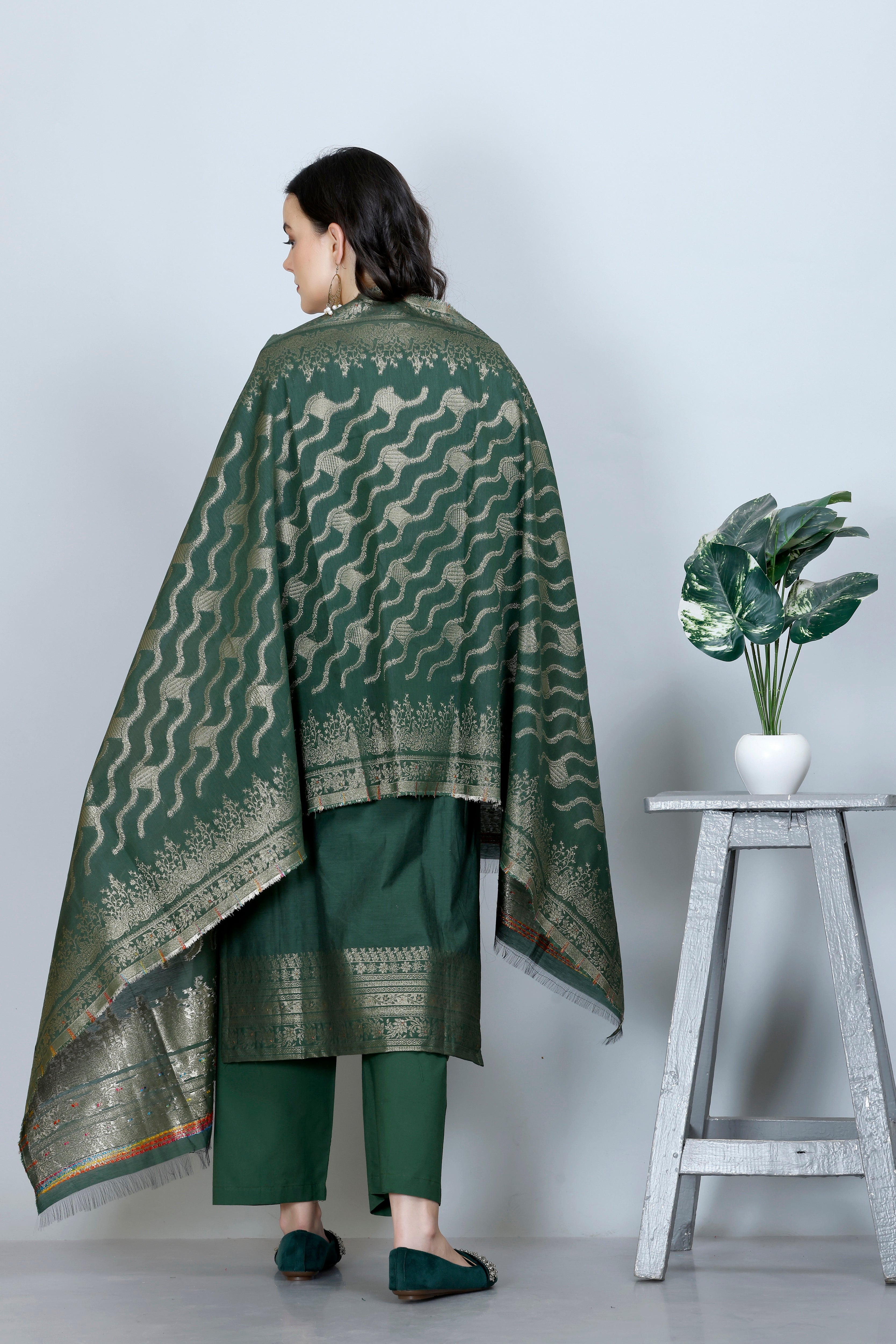 Kidar Ethnic Printed & Embrodered Straight Kurta with Pant & Dupatta - B. GREEN