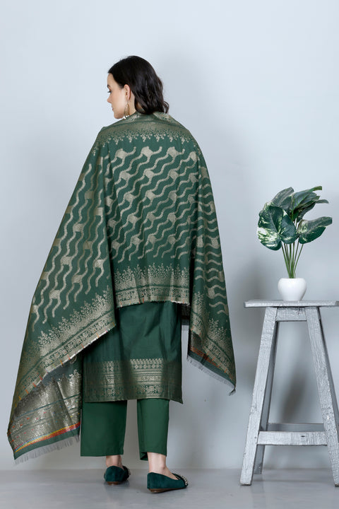 Kidar Ethnic Weave & Embordered Straight Kurta with Pant & Dupatta - B. GREEN