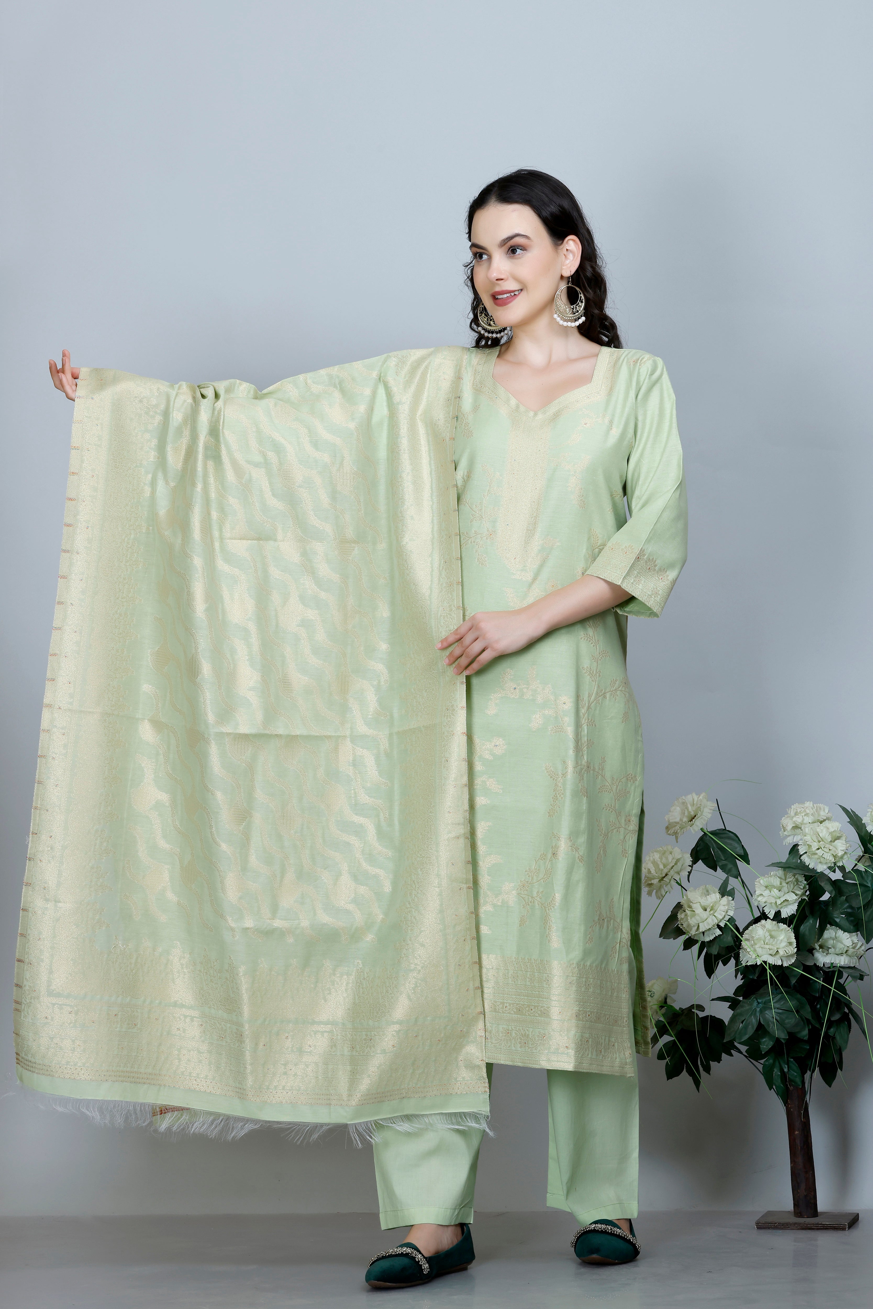 Kidar Ethnic Printed & Embordered Straight Kurta with Pant & Dupatta - PISTA