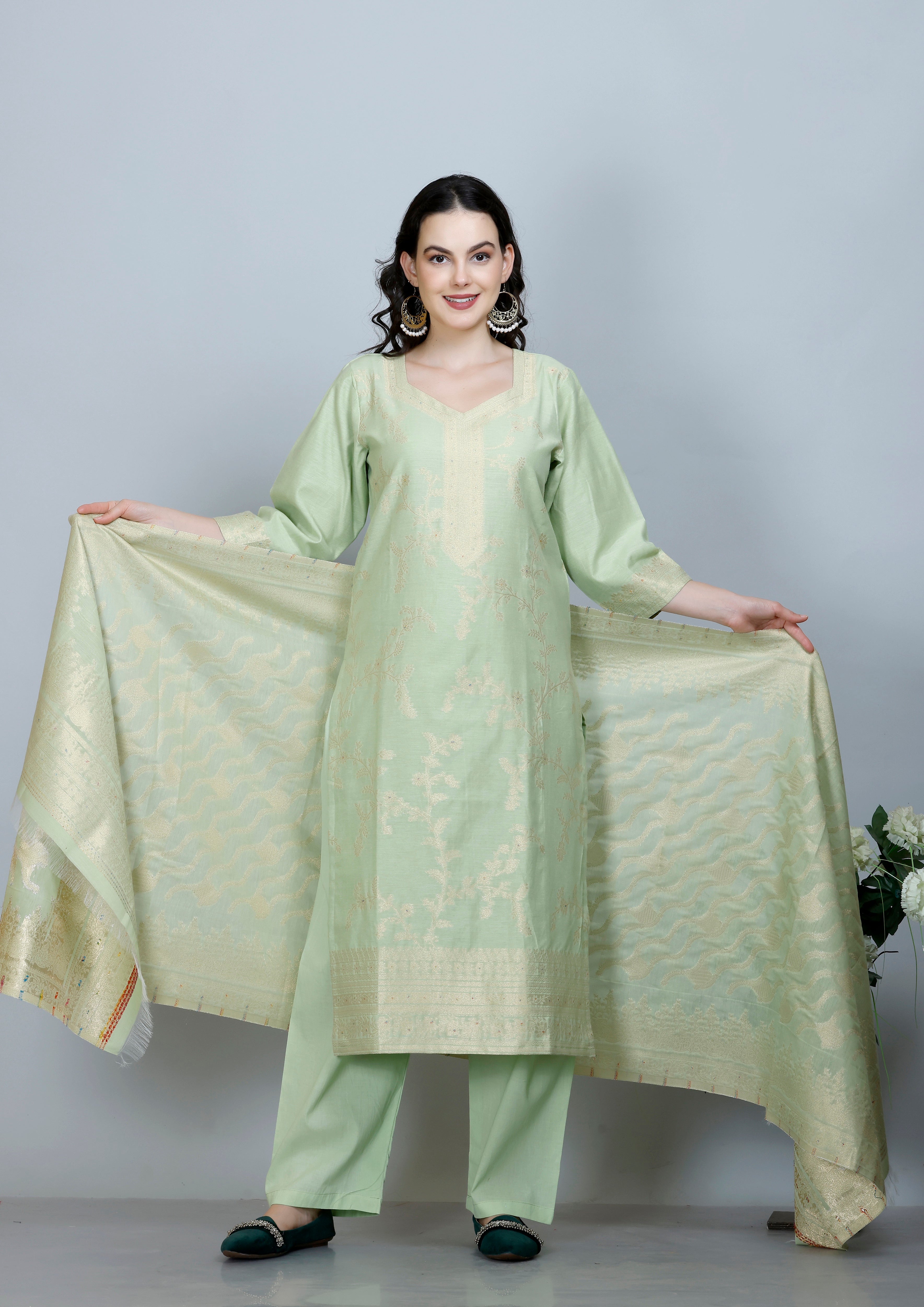 Kidar Ethnic Printed & Embordered Straight Kurta with Pant & Dupatta - PISTA