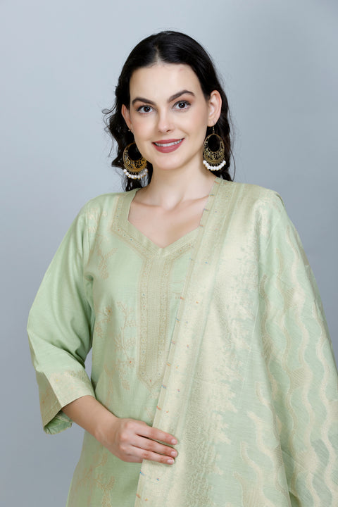 Kidar Ethnic Weave & Embordered Straight Kurta with Pant & Dupatta - PISTA