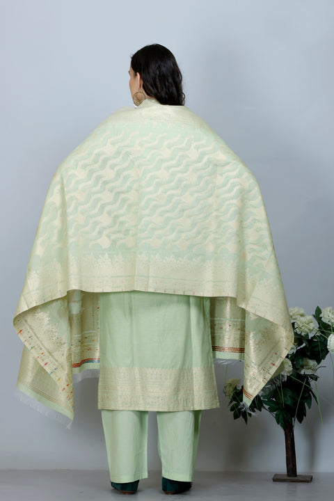 Kidar Ethnic Weave & Embordered Straight Kurta with Pant & Dupatta - PISTA