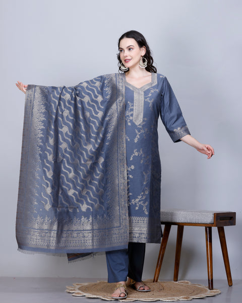 Kidar Ethnic Weave & Embordered Straight Kurta with Pant & Dupatta - GREY