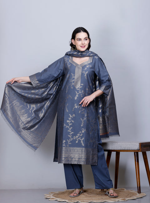 Kidar Ethnic Weave & Embordered Straight Kurta with Pant & Dupatta - GREY