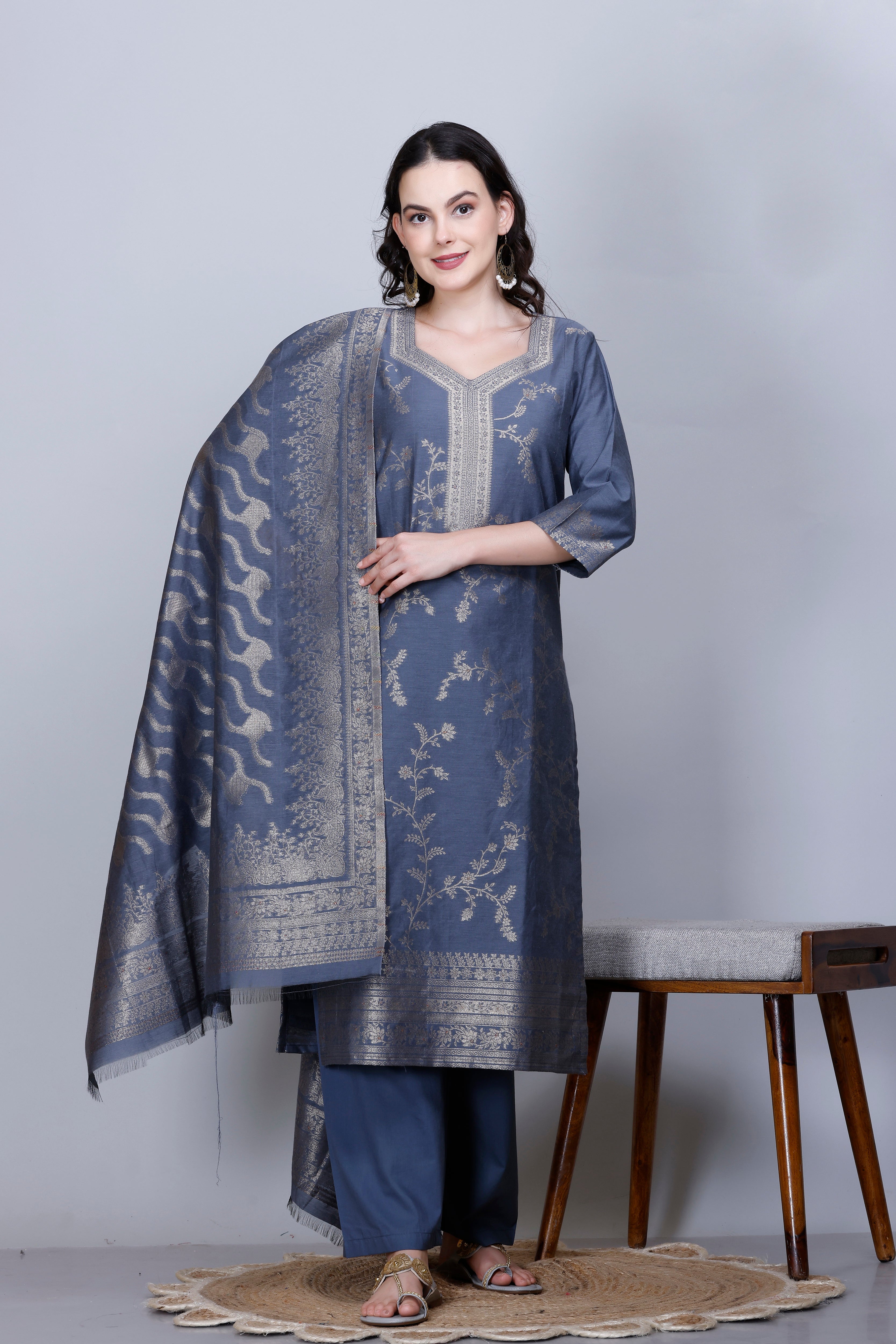 Kidar Ethnic Printed & Embordered Straight Kurta with Pant & Dupatta - GREY