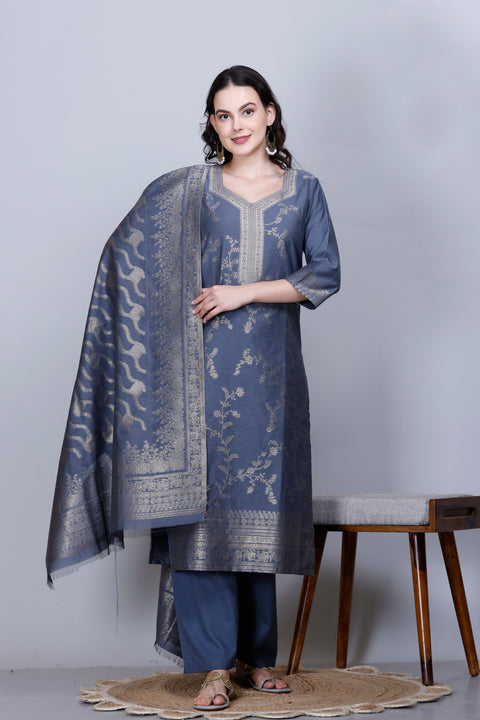 Kidar Ethnic Weave & Embordered Straight Kurta with Pant & Dupatta - GREY