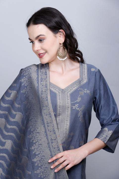 Kidar Ethnic Weave & Embordered Straight Kurta with Pant & Dupatta - GREY