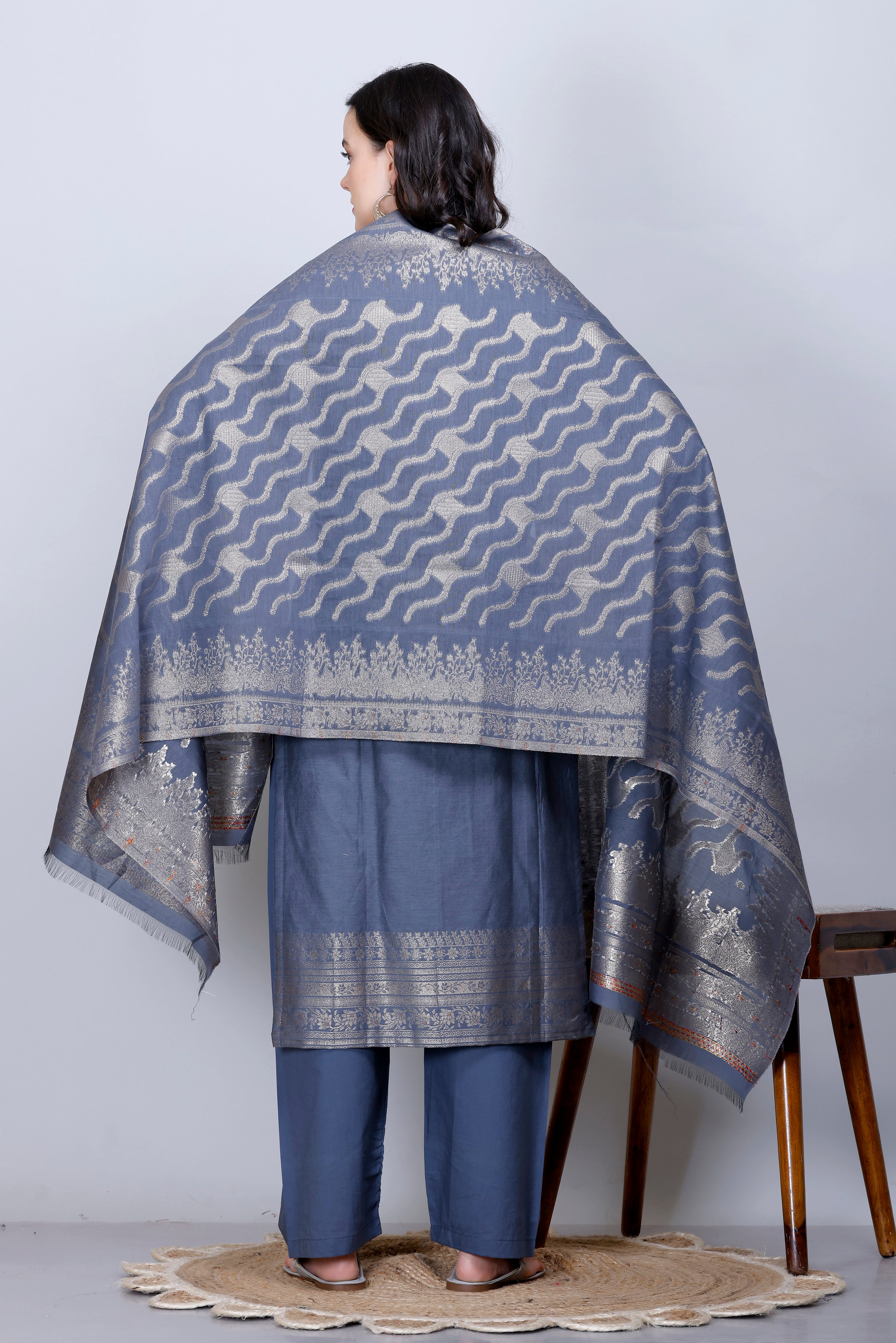 Kidar Ethnic Printed & Embordered Straight Kurta with Pant & Dupatta - GREY