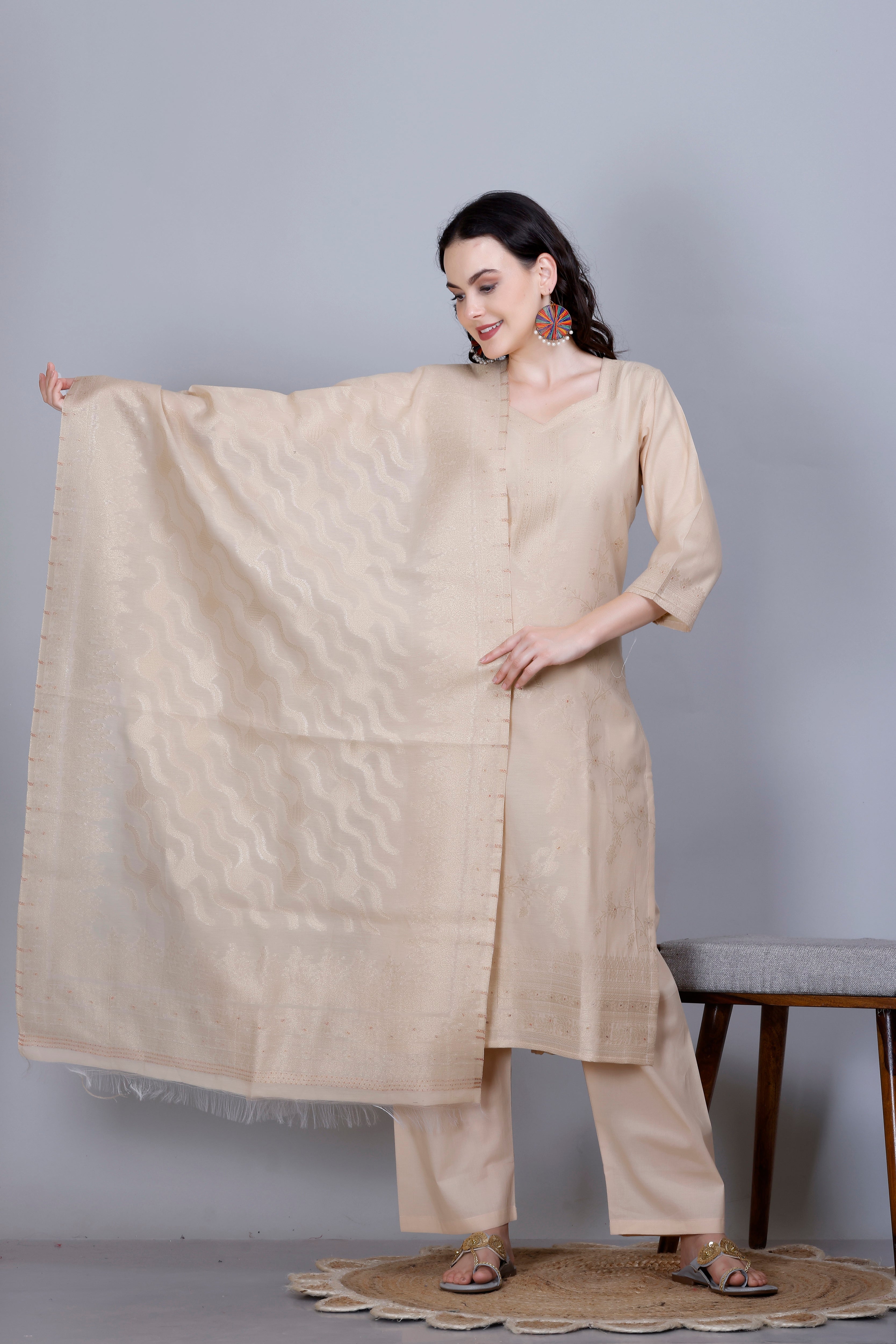 Kidar Ethnic Printed & Embordered Straight Kurta with Pant & Dupatta - CREAM