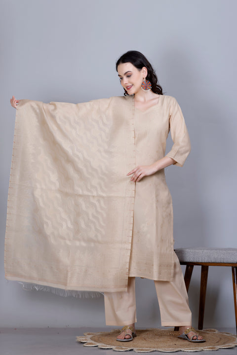 Kidar Ethnic Weave & Embordered Straight Kurta with Pant & Dupatta - CREAM