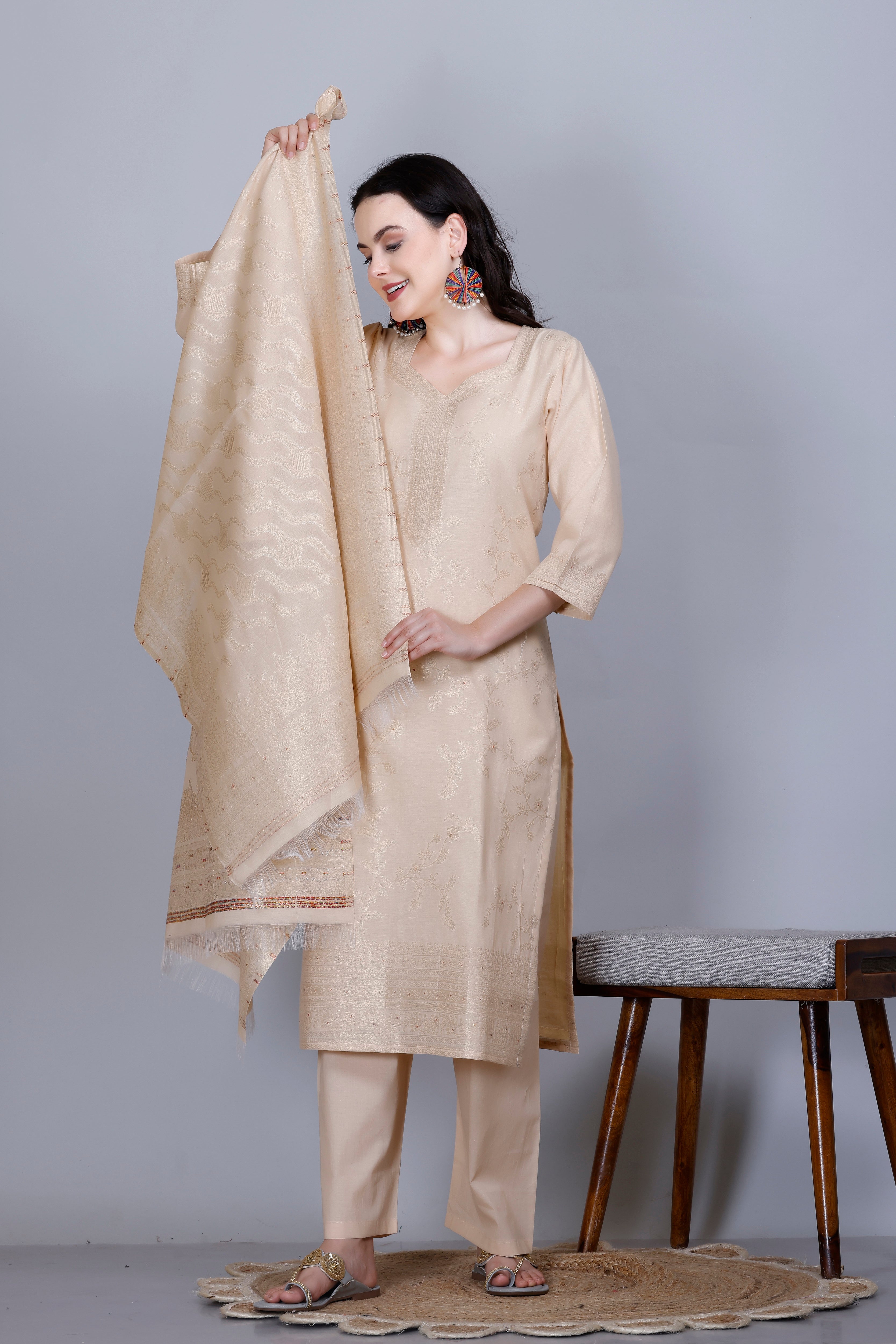 Kidar Ethnic Printed & Embordered Straight Kurta with Pant & Dupatta - CREAM