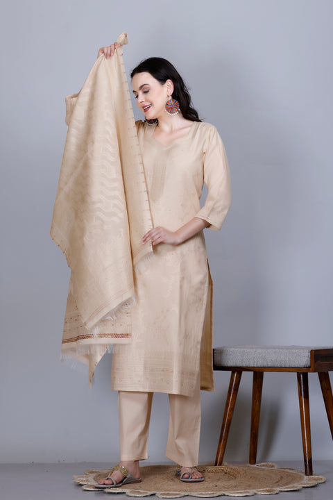 Kidar Ethnic Weave & Embordered Straight Kurta with Pant & Dupatta - CREAM