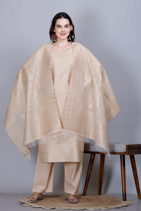 Kidar Ethnic Weave & Embordered Straight Kurta with Pant & Dupatta - CREAM