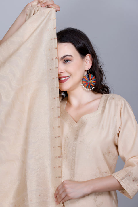 Kidar Ethnic Weave & Embordered Straight Kurta with Pant & Dupatta - CREAM