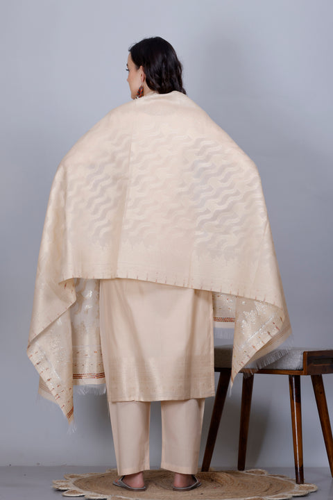 Kidar Ethnic Weave & Embordered Straight Kurta with Pant & Dupatta - CREAM