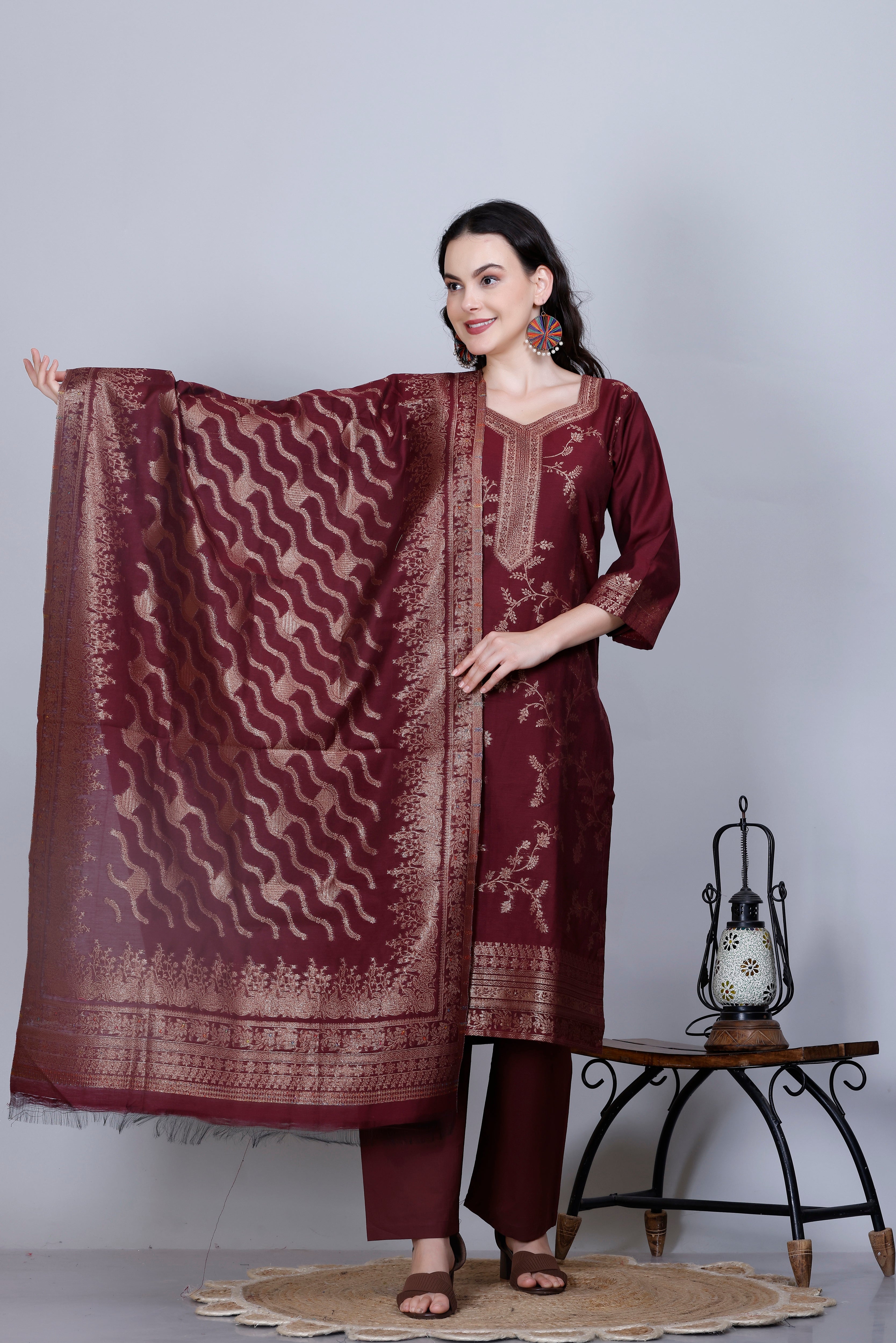 Kidar Ethnic Printed & Embordered Straight Kurta with Pant & Dupatta - WINE