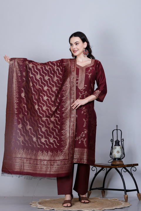 Kidar Ethnic Weave & Embordered Straight Kurta with Pant & Dupatta - WINE