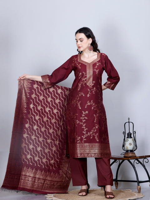 Kidar Ethnic Weave & Embordered Straight Kurta with Pant & Dupatta - WINE