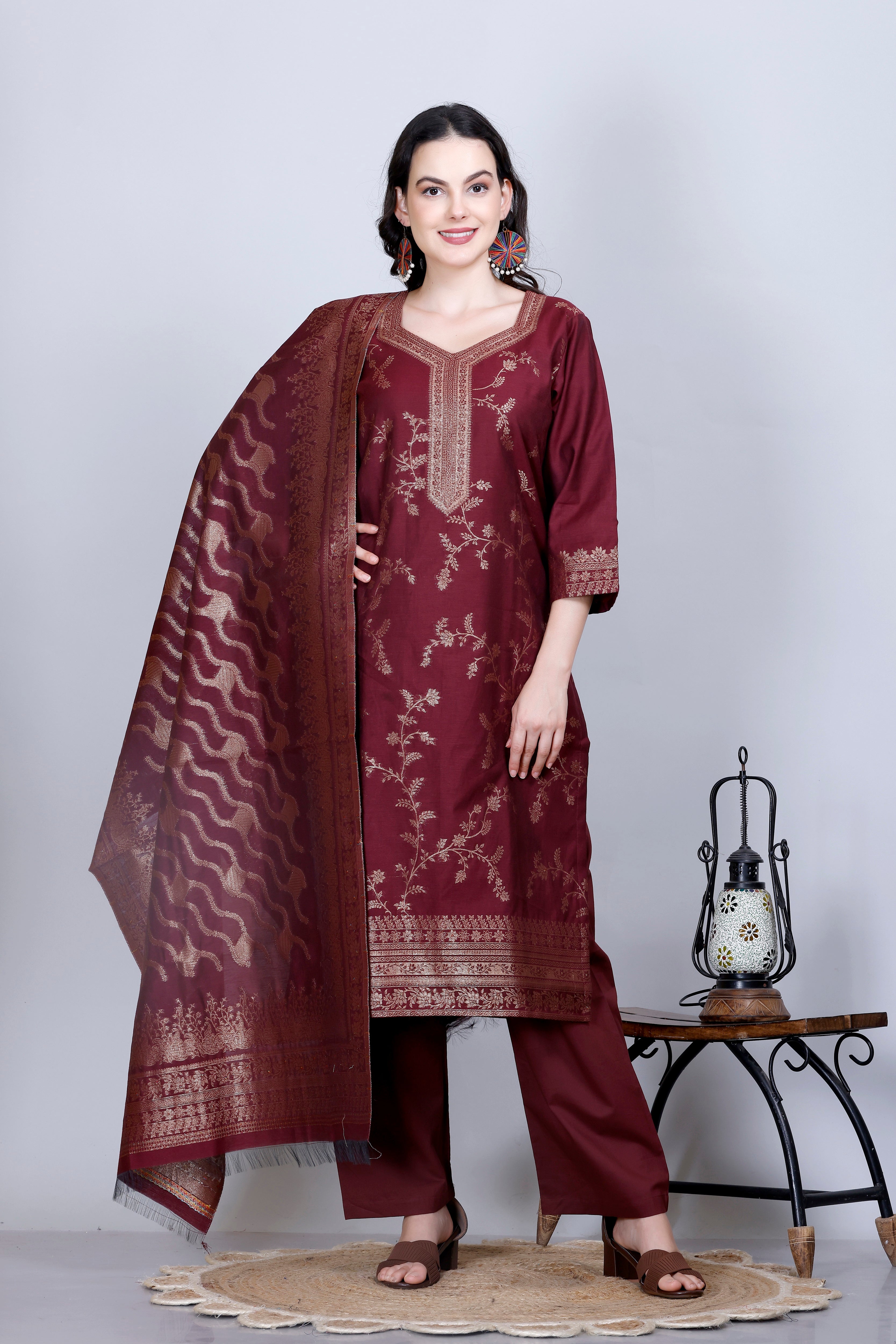 Kidar Ethnic Printed & Embordered Straight Kurta with Pant & Dupatta - WINE