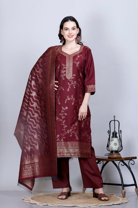 Kidar Ethnic Weave & Embordered Straight Kurta with Pant & Dupatta - WINE