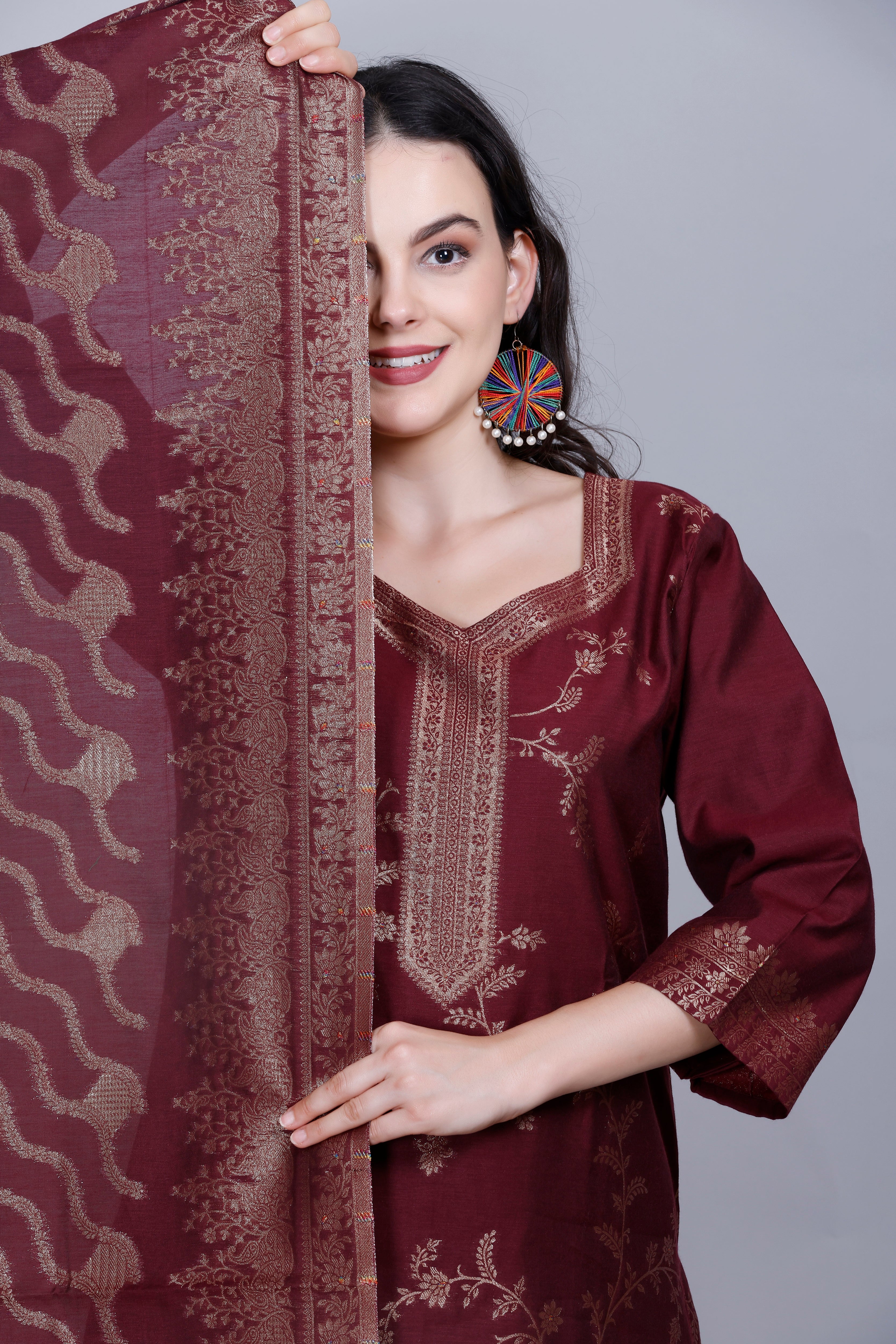 Kidar Ethnic Printed & Embordered Straight Kurta with Pant & Dupatta - WINE