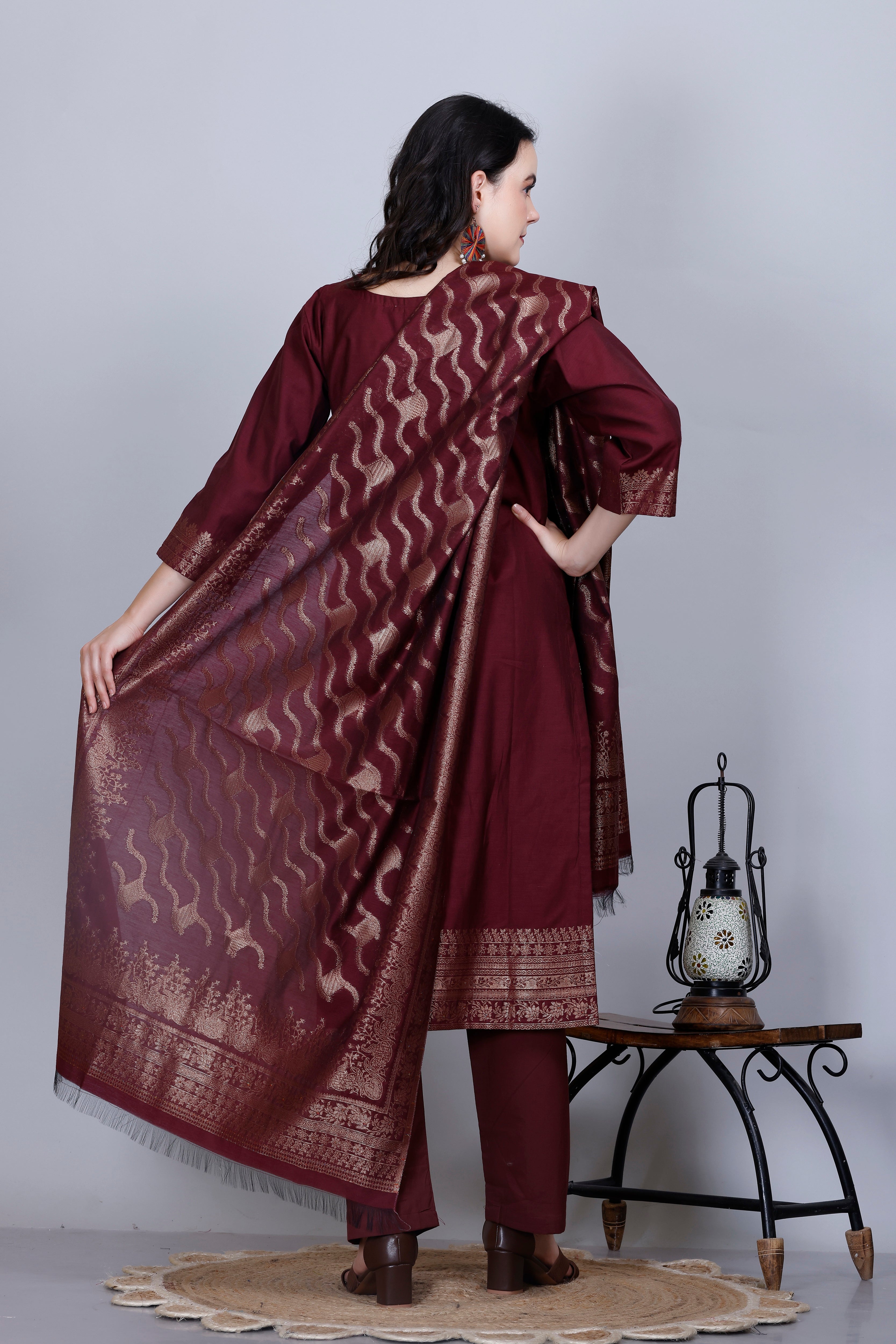 Kidar Ethnic Printed & Embordered Straight Kurta with Pant & Dupatta - WINE