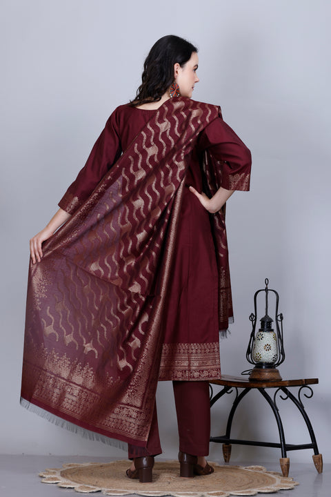Kidar Ethnic Weave & Embordered Straight Kurta with Pant & Dupatta - WINE