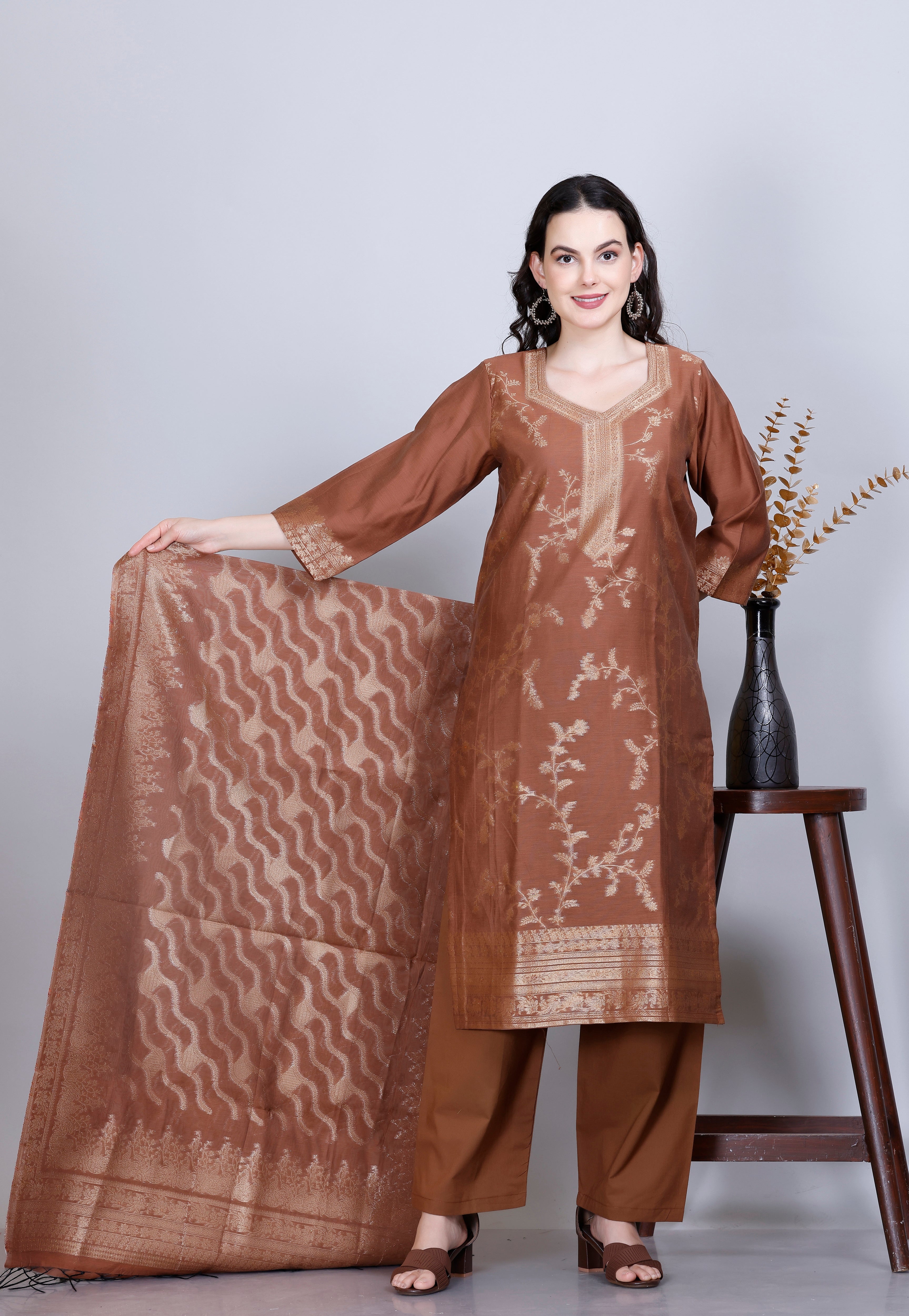 Kidar Ethnic Printed & Embordered Straight Kurta with Pant & Dupatta - MOUSE