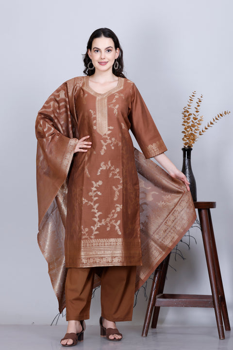 Kidar Ethnic Weave & Embordered Straight Kurta with Pant & Dupatta - MOUSE