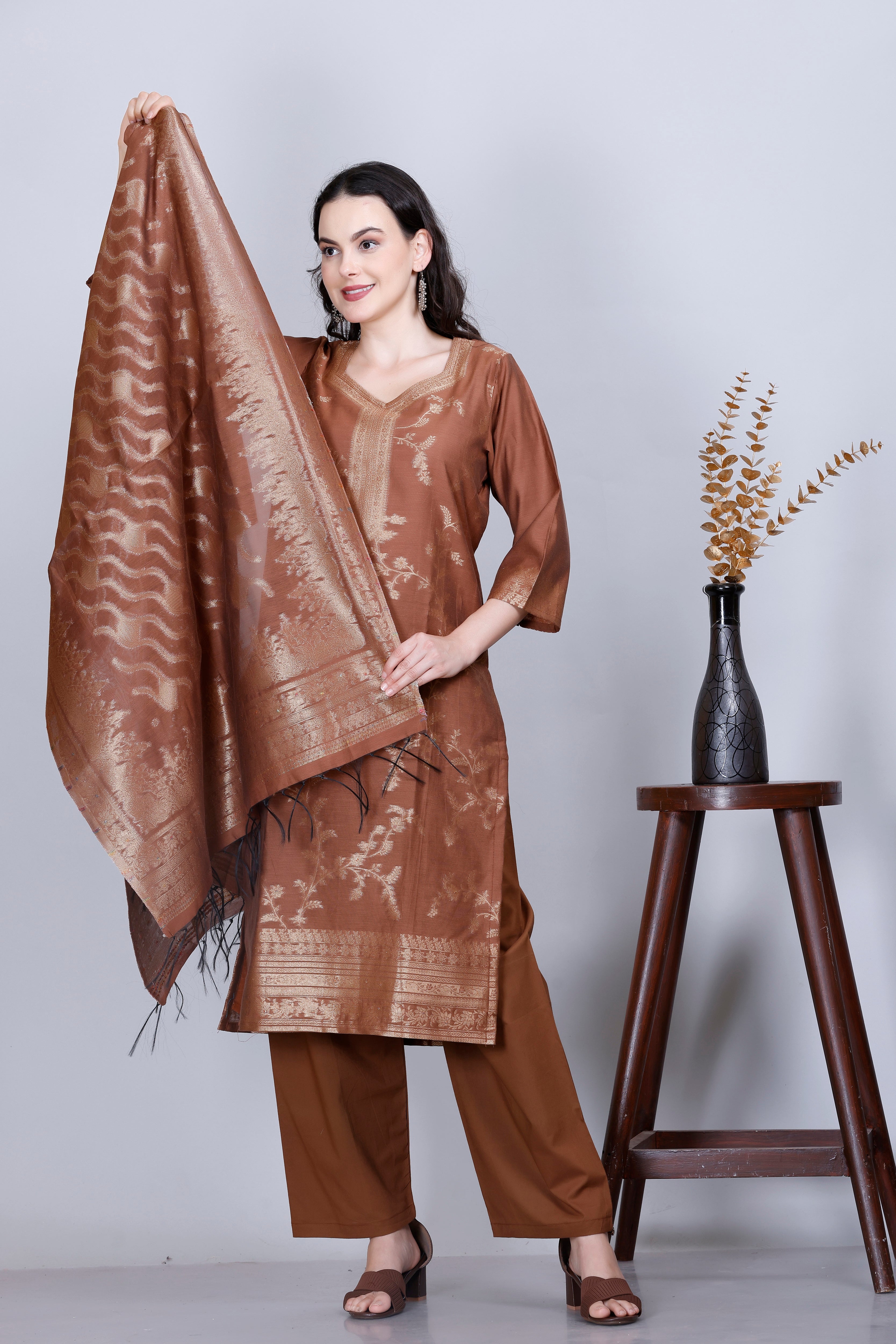 Kidar Ethnic Printed & Embordered Straight Kurta with Pant & Dupatta - MOUSE