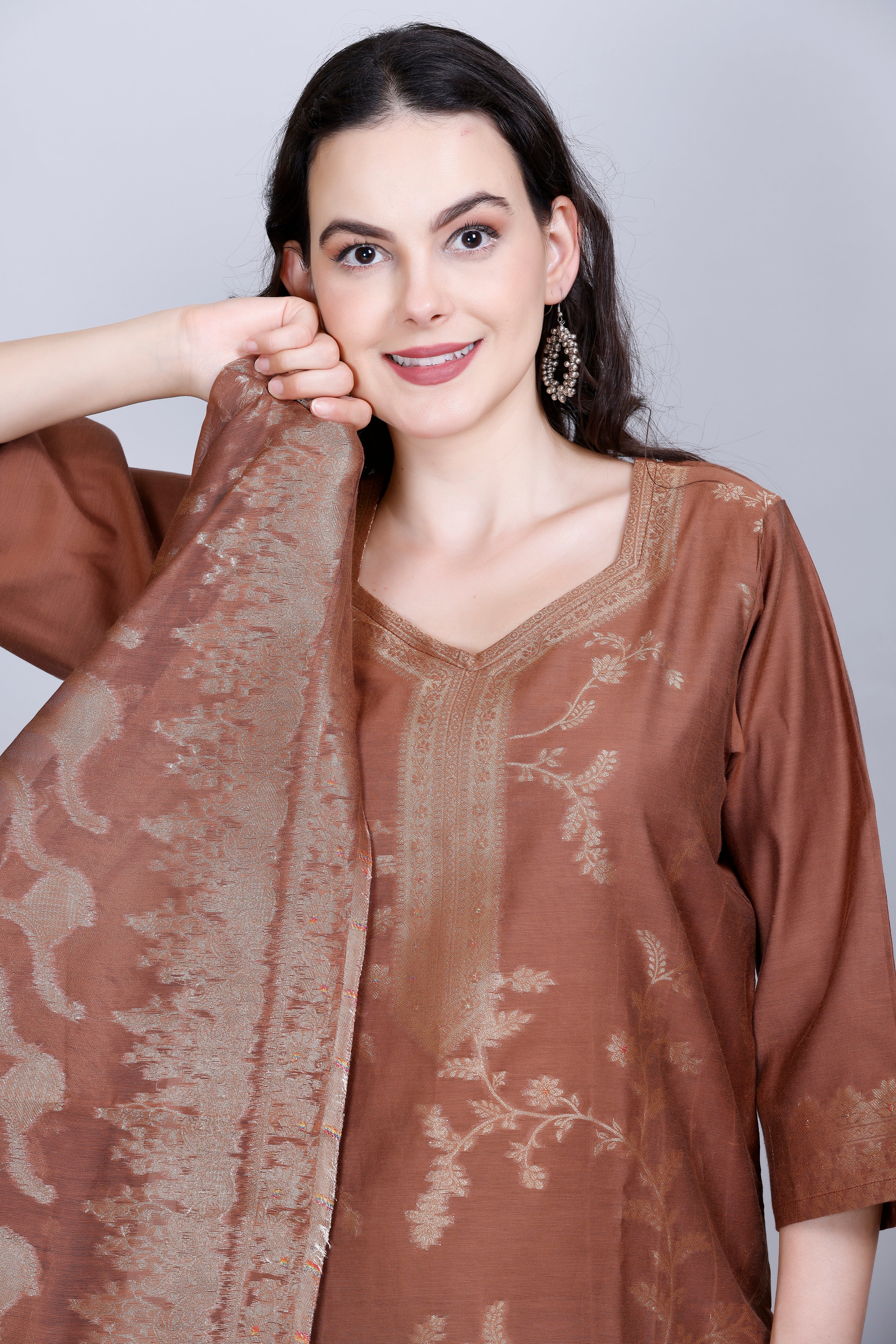 Kidar Ethnic Printed & Embordered Straight Kurta with Pant & Dupatta - MOUSE