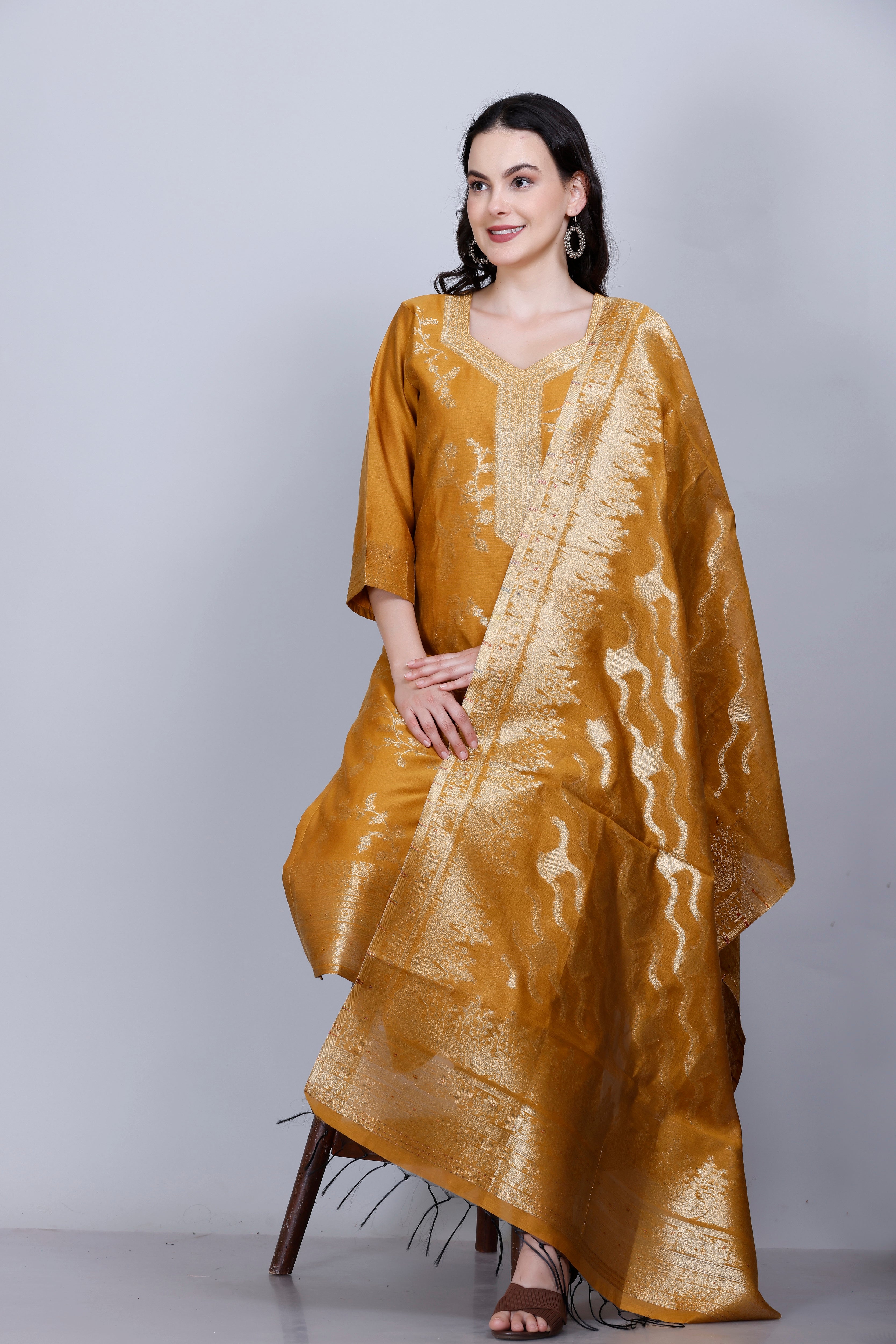 Kidar Ethnic Printed & Embordered Straight Kurta with Pant & Dupatta - MUSTARD