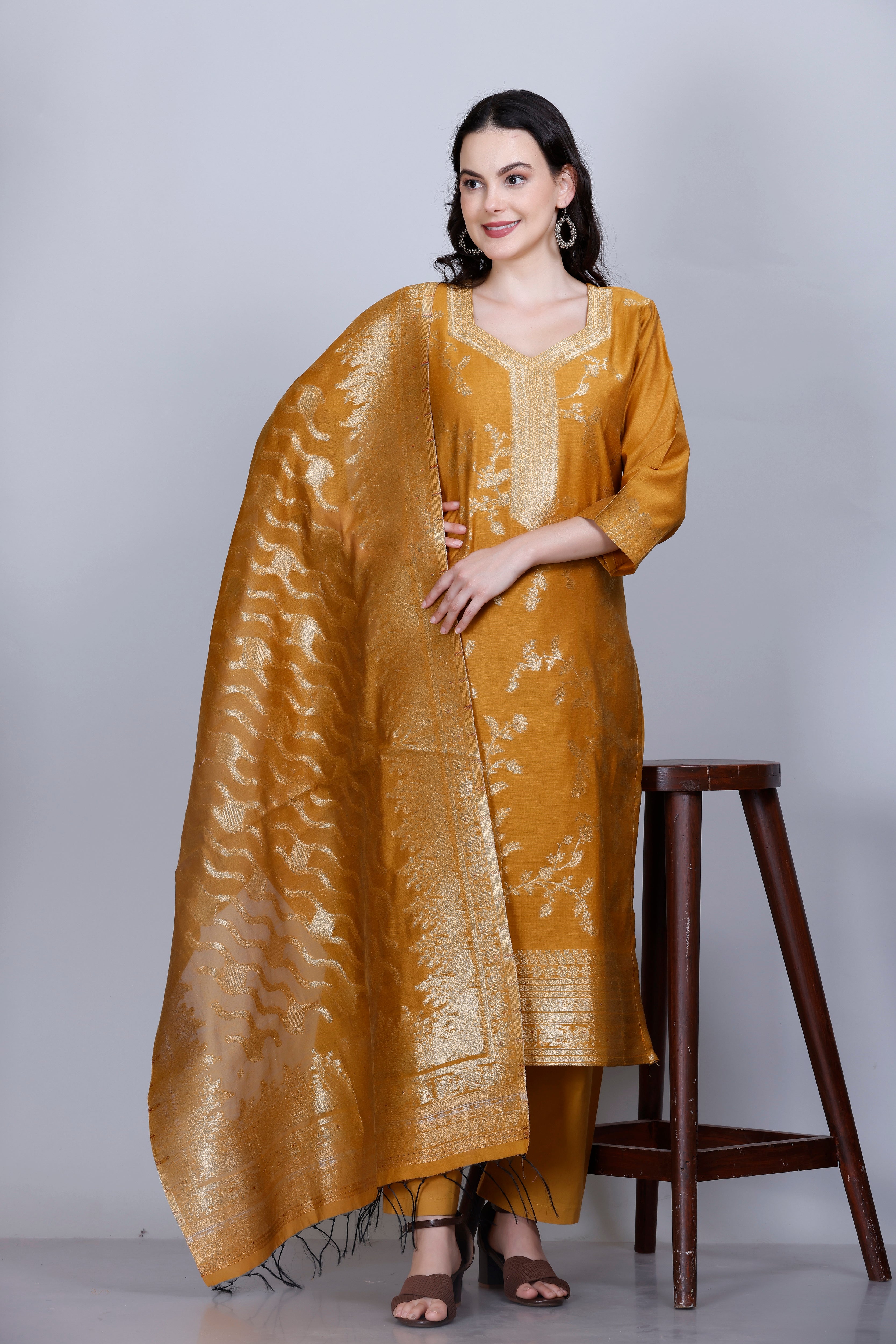 Kidar Ethnic Printed & Embordered Straight Kurta with Pant & Dupatta - MUSTARD