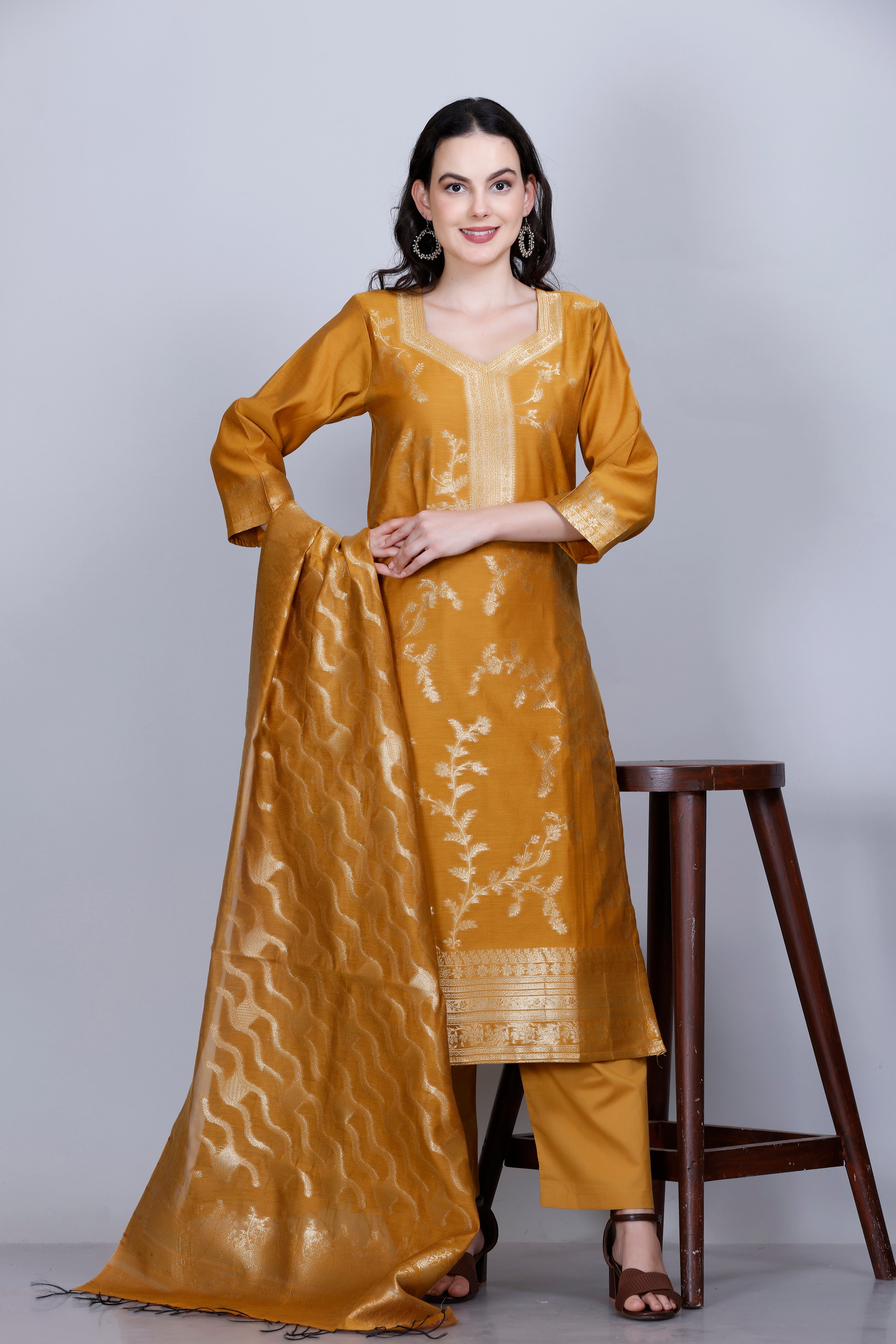 Kidar Ethnic Printed & Embordered Straight Kurta with Pant & Dupatta - MUSTARD