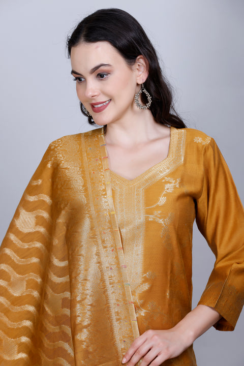 Kidar Ethnic Weave & Embordered Straight Kurta with Pant & Dupatta - MUSTARD