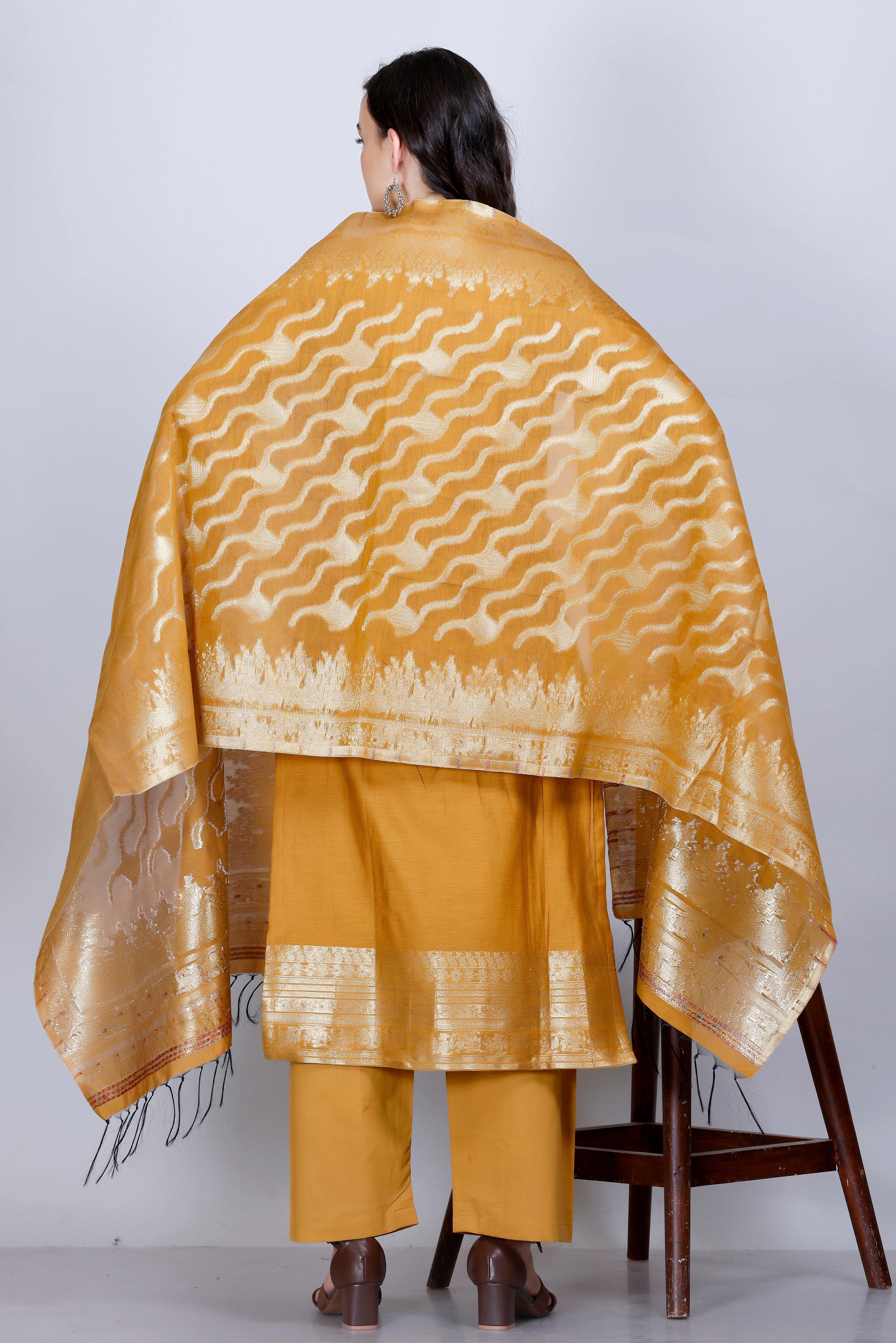 Kidar Ethnic Printed & Embordered Straight Kurta with Pant & Dupatta - MUSTARD