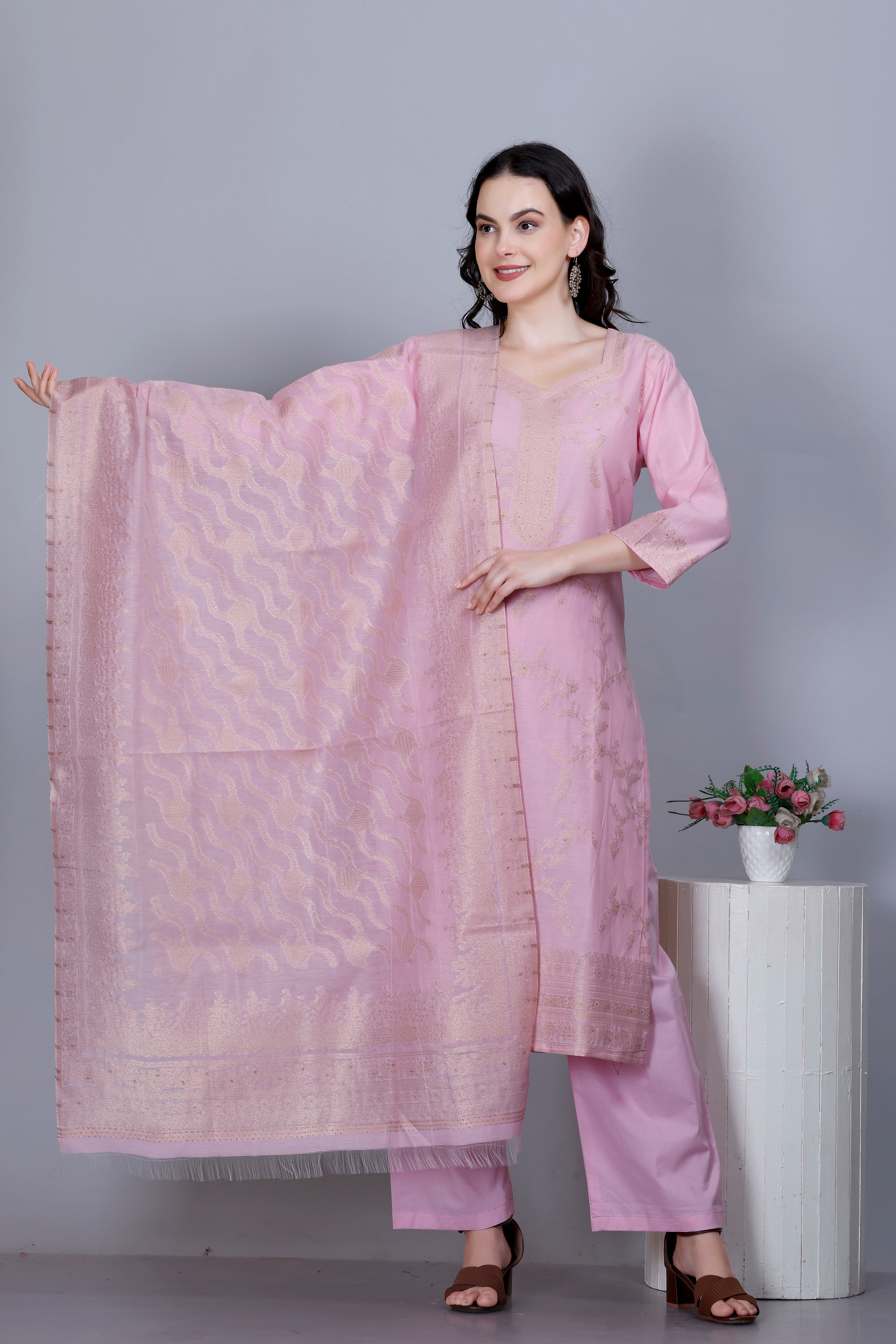 Kidar Ethnic Printed & Embordered Straight Kurta with Pant & Dupatta - LIGHT PINK