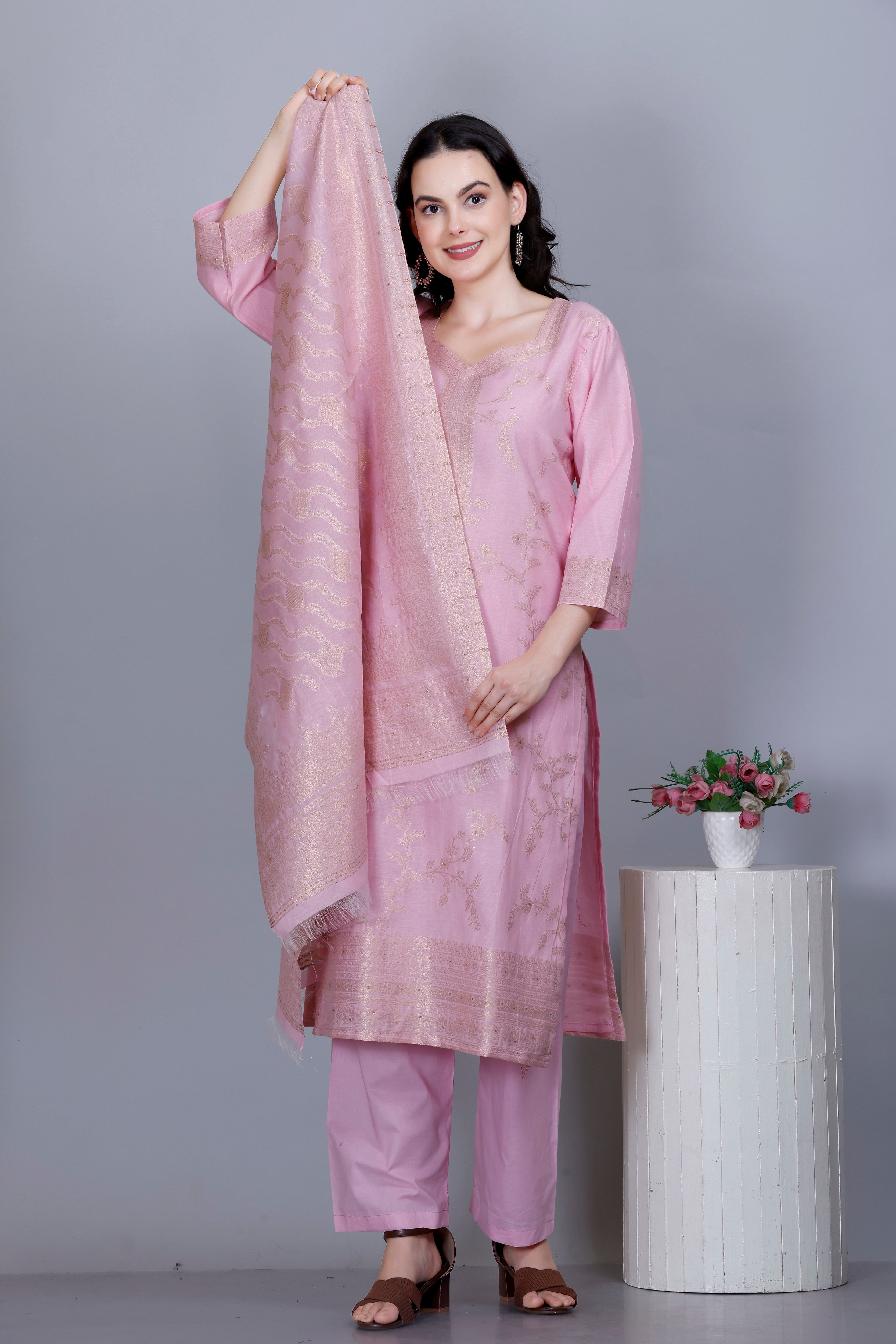 Kidar Ethnic Printed & Embordered Straight Kurta with Pant & Dupatta - LIGHT PINK