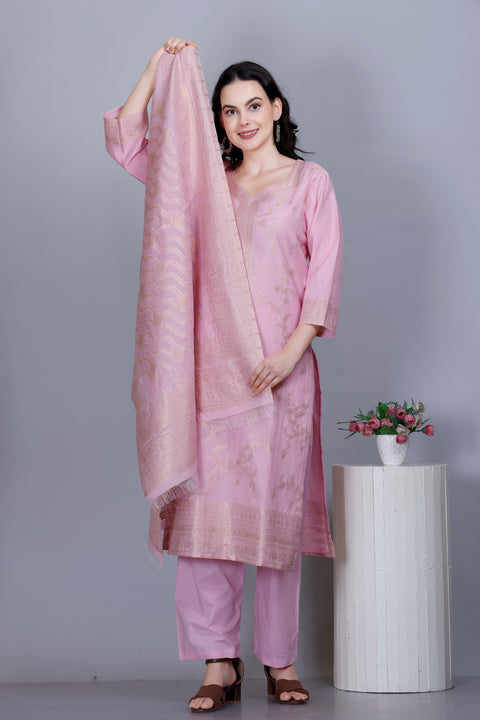Kidar Ethnic Weave & Embordered Straight Kurta with Pant & Dupatta - LIGHT PINK