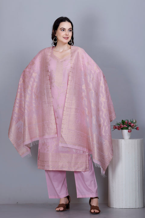 Kidar Ethnic Weave & Embordered Straight Kurta with Pant & Dupatta - LIGHT PINK