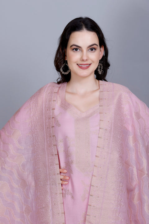 Kidar Ethnic Weave & Embordered Straight Kurta with Pant & Dupatta - LIGHT PINK