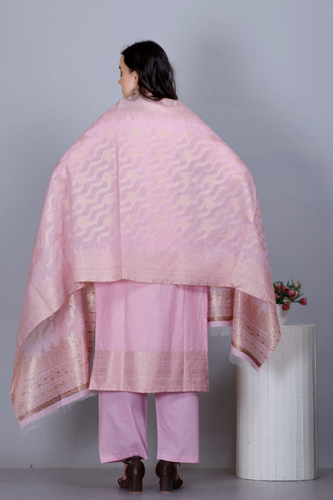 Kidar Ethnic Weave & Embordered Straight Kurta with Pant & Dupatta - LIGHT PINK
