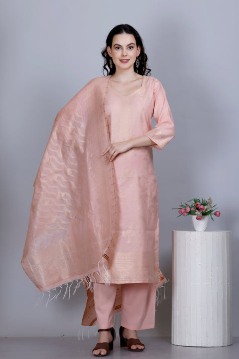 Kidar Ethnic Weave & Embordered Straight Kurta with Pant & Dupatta - PEACH