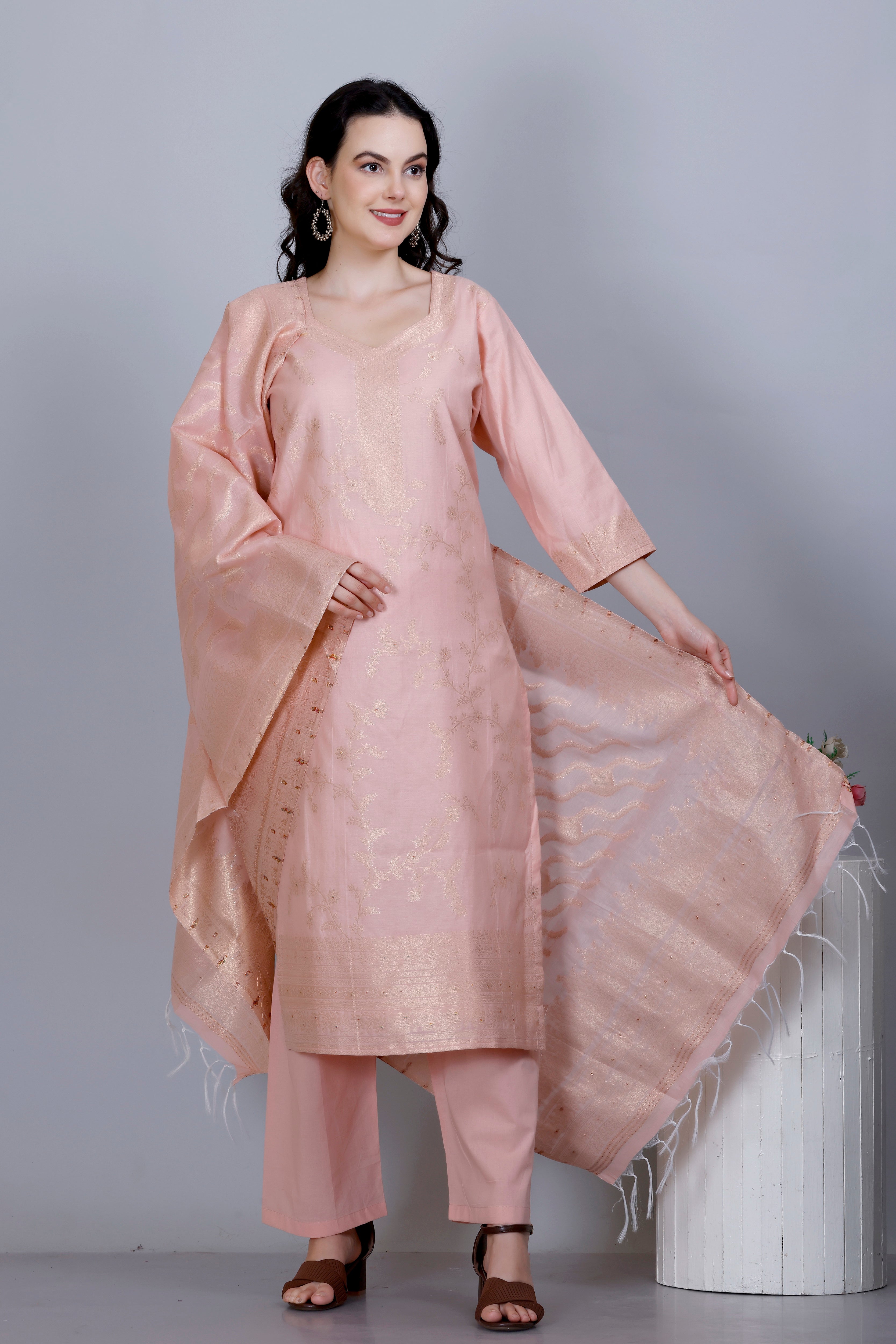 Kidar Ethnic Printed & Embordered Straight Kurta with Pant & Dupatta - PEACH