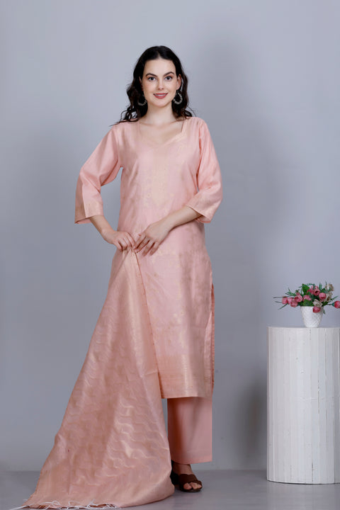 Kidar Ethnic Weave & Embordered Straight Kurta with Pant & Dupatta - PEACH
