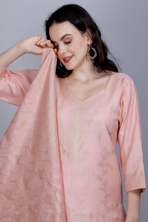 Kidar Ethnic Weave & Embordered Straight Kurta with Pant & Dupatta - PEACH